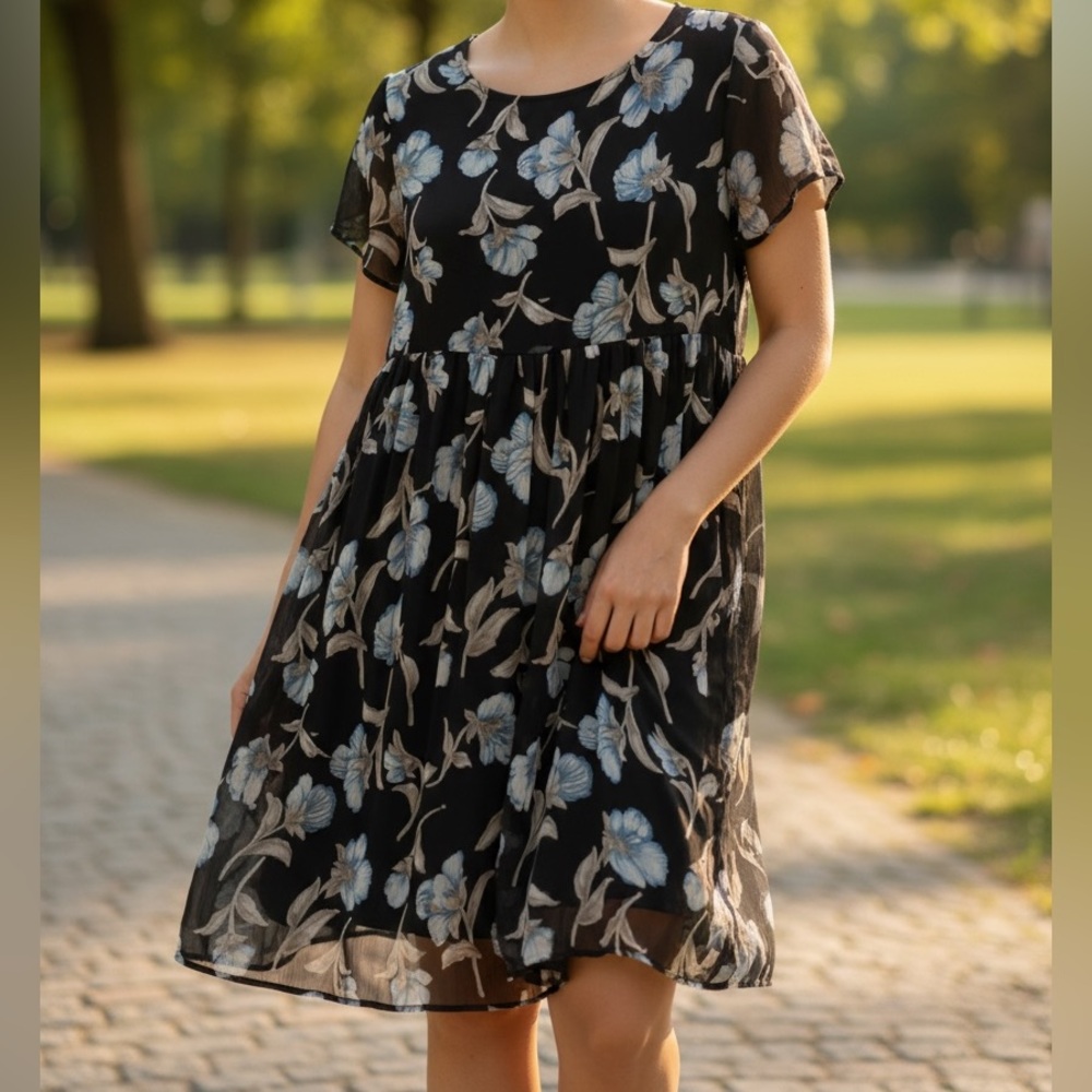 Jian Ruyi Whimsical Floral Sheer Chiffon Overlay Flowy Dress size L/XL